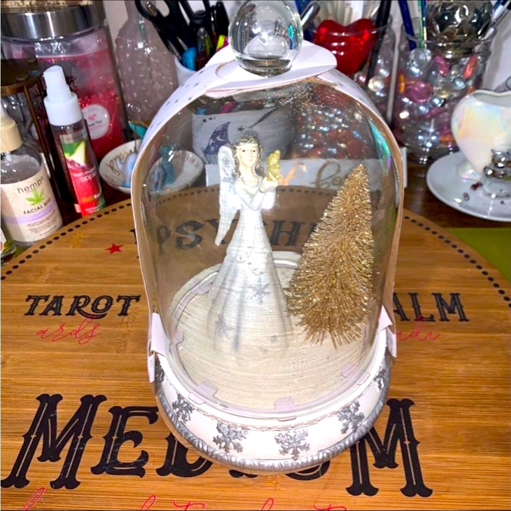 Christmas Angel Glass Holiday Dome Decor With Gold Christmas Tree. Glass base.